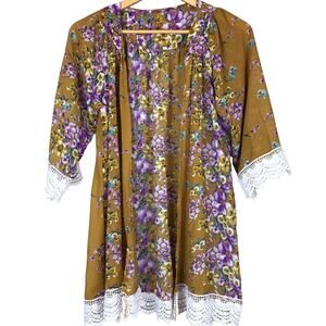 Womens Kimono Cardigan Sz S Gold Brown Floral Scallop Lace Trim Cottagecore Boho
